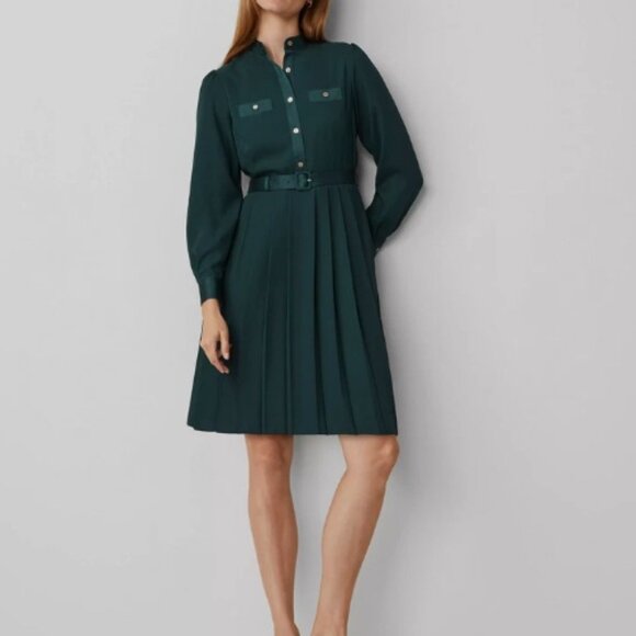 Ann Taylor Pleated Split Neck Flare Dress - Picture 1 of 8